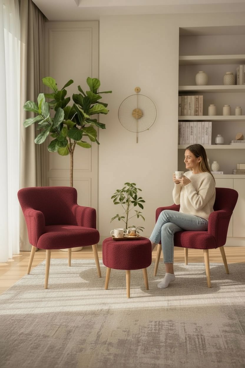 3'lü Koltuk Seti: Berjer, Tekli Koltuk ve Puf - Cafe, Balkon, Ofis Mobilyası